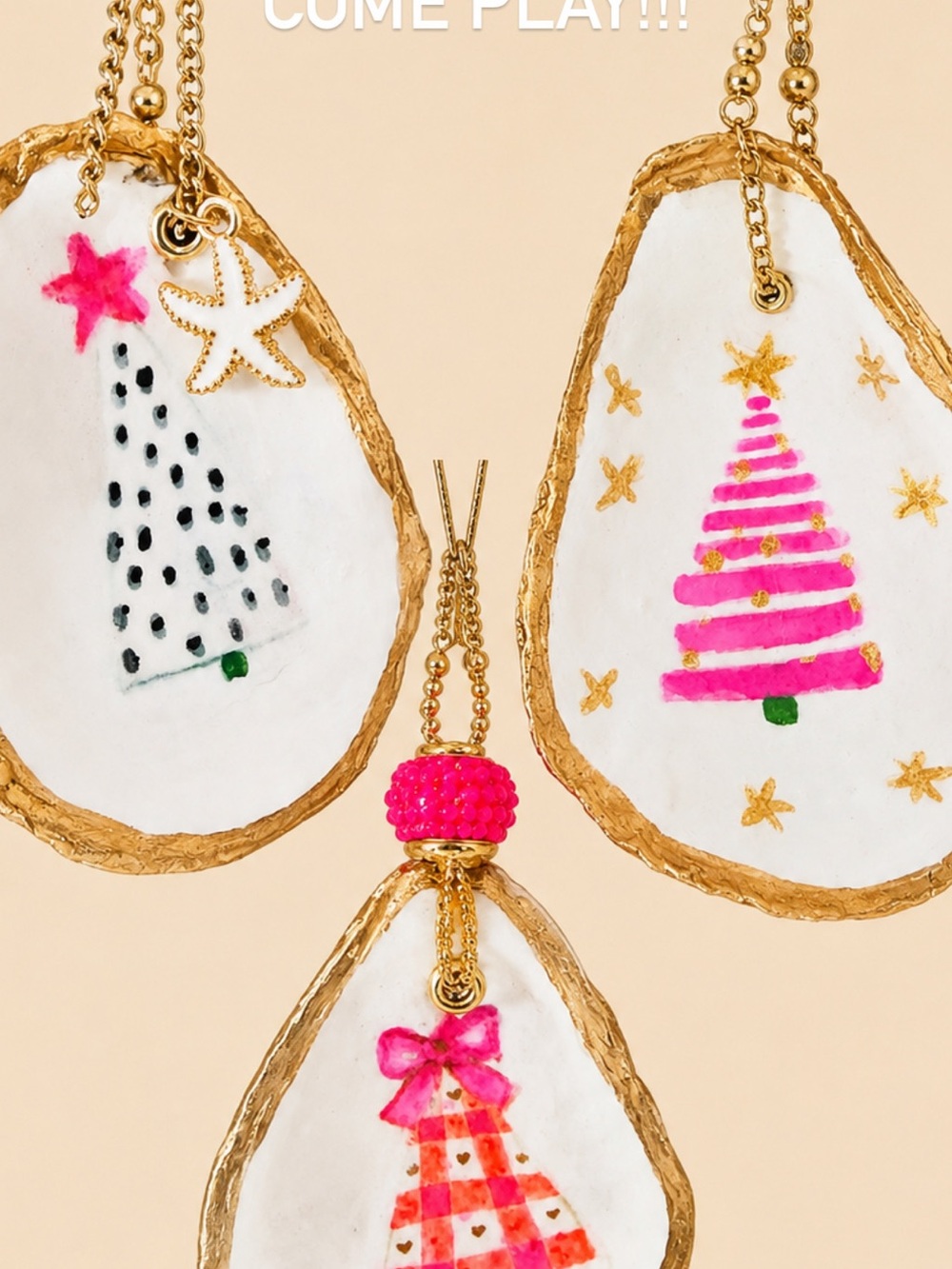 Hand painted oyster shell Christmas ornament, set of three.